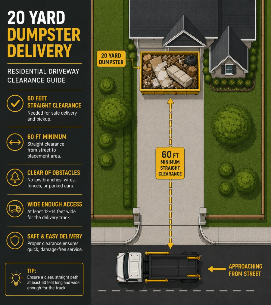 Driveway clearance guide for delivery of 20 yard  dumpster in macon