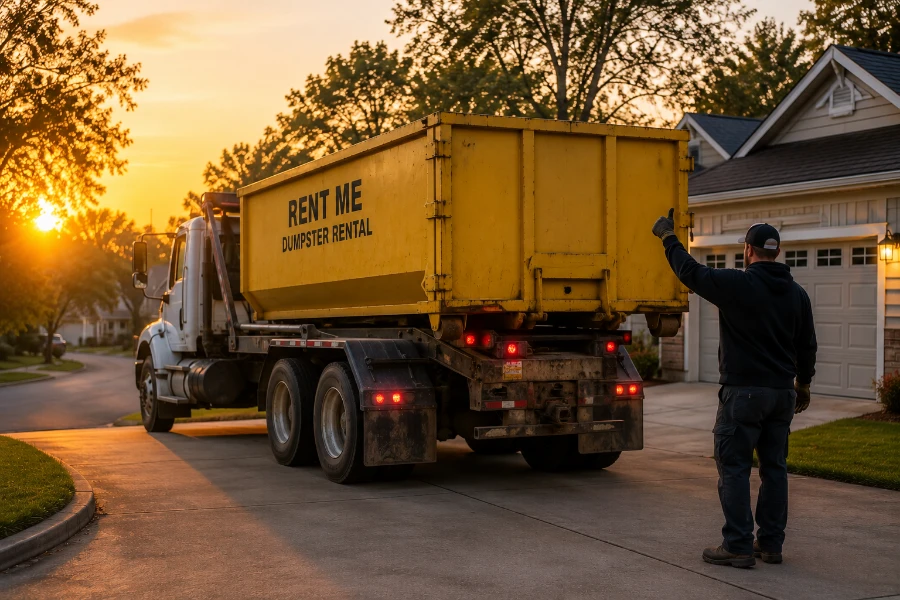 Dumpster delivery at sunset in suburbia macon ga