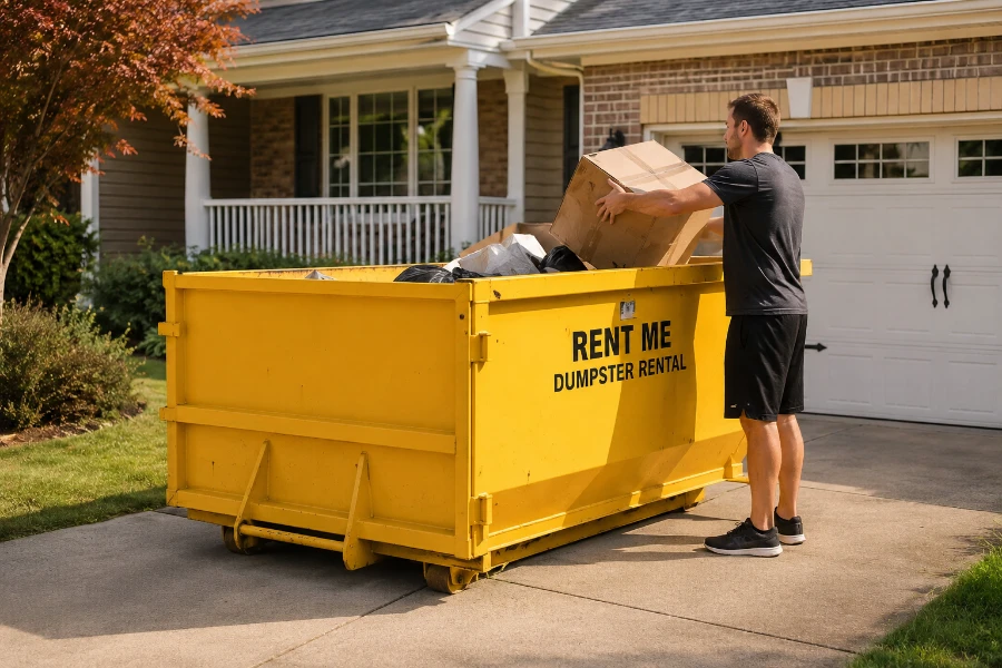 Dumpster rental in suburban driveway in Dumpster Rental Macon GA
