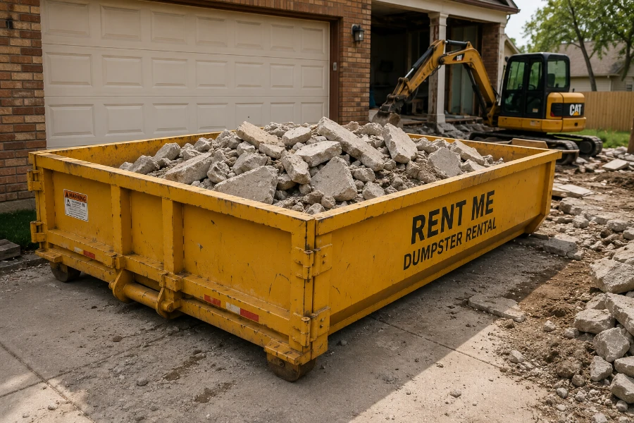 Suburban driveway with construction dumpster renten in macon