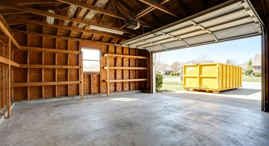 garage now empty and swept clean, a yellow roll-off Dumpster Rental Macon GA